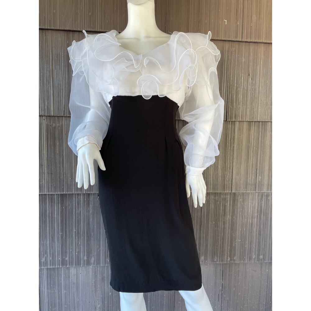 🔥VTG 80s ILGWU Organza Ruffle Collar Formal Cocktail Evening Dress Retro Glam